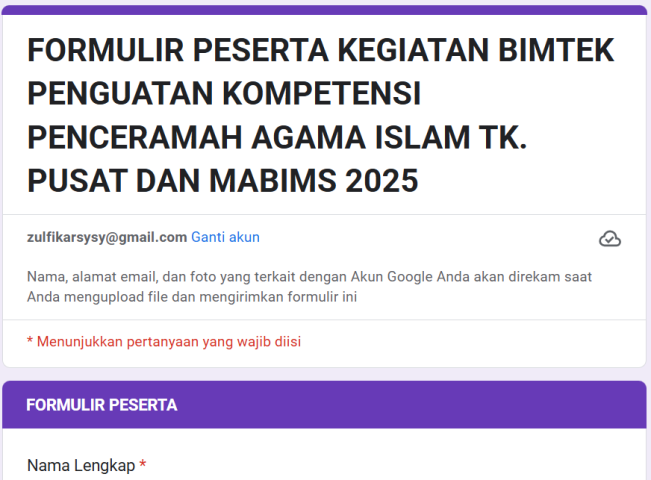 Formulir pendaftaran online Bimtek Islam Kemenag. (docs.google.com)